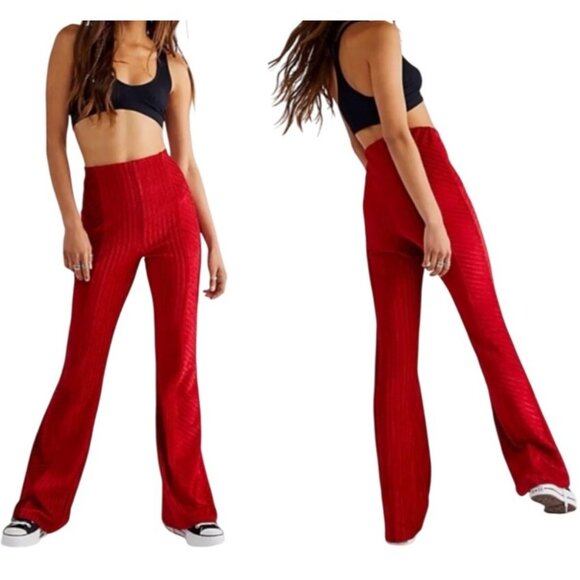 Free People Women's Size Large Red Velvet Textured High-Waisted Flare Pants - Picture 1 of 9